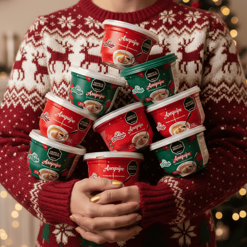 Packaging navideño para productos de consumo masivo con colores verdes y rojos